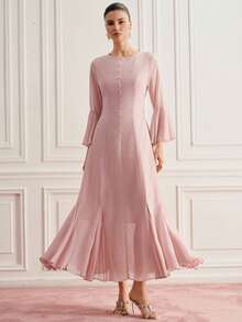 SHEIN Women's Solid Color Button Design Elegant Flare Sleeve Dress Dinner Light Pink Autumn - Beige - View 2