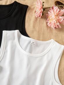 SHEIN Sparklyn 3件装少女夏季背心，黑白条纹多色上衣，柔软质感面料上衣，白色上衣 - 彩色 - 查看 5