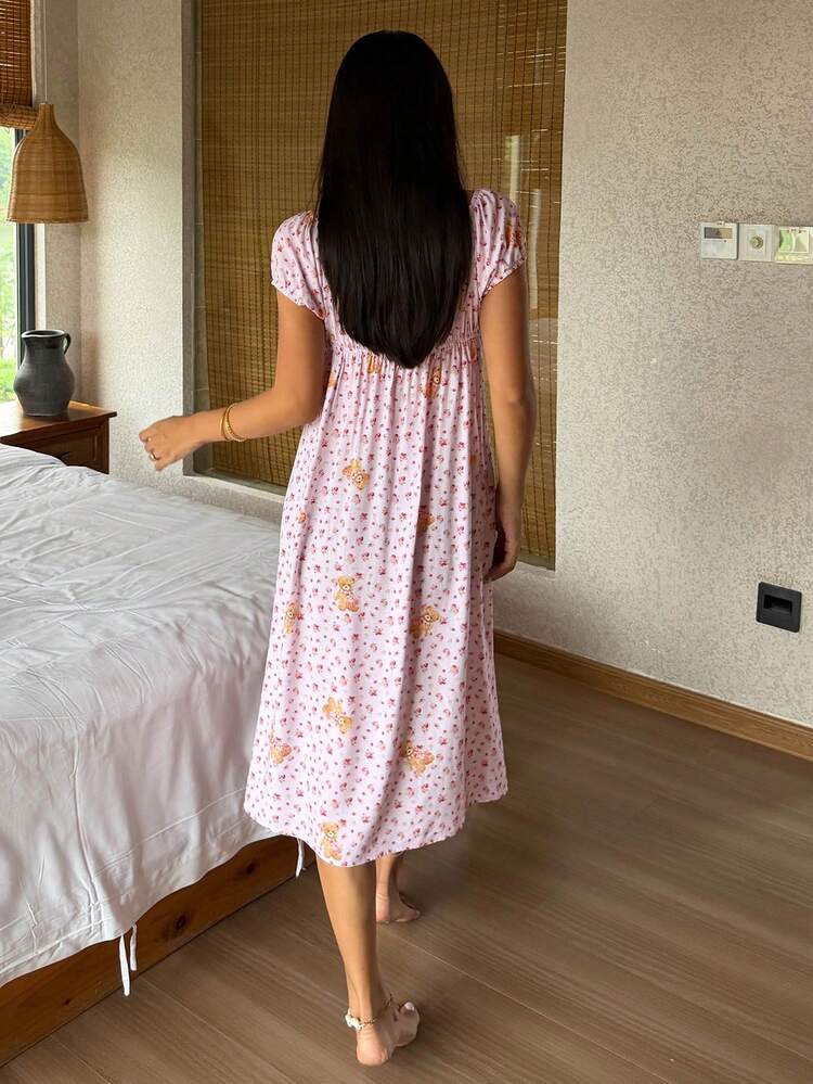 Women's Round Neck Ditsy Floral Comfortable Breathable Nightgown, Summer