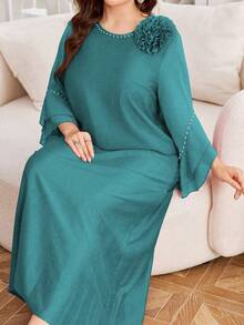 Lacomfia Vestido casual modesto de mujer talla grande de unicolor con parches de gasa - Agua verde azul - Ver 3