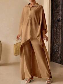 Vesra Women's Solid Color Long Top And Wide Leg Pants Casual Two Pieces Set - Khaki - View 5