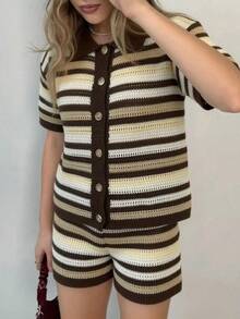 Calvaya Women's Fashion Casual 1950s Vintage Loose Hollow Knit Sweater Set, Suitable For Autumn, Plus Size, Outerwear, Vacation, Music Festival, Beach White - Coffee Brown - View 3