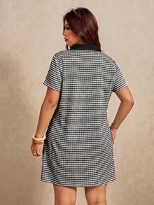 Elaquor Plus Size Women's Striped Polo Collar Short Sleeve Casual Dress - Black - View 3