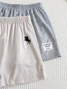 SHEIN 4件組兒童夏季服裝套裝，小男孩藍色條紋拼接休閒可愛套裝，包含T恤和3條短褲，適合度假、上學、居家、旅行 - 彩色 - 查看 5