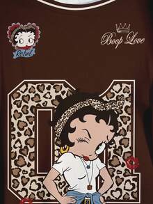 Betty Boop x SHEIN 大尺碼夏季復古豹紋數字與卡通人像圖案圓領短袖T恤 - 白色 - 查看 4
