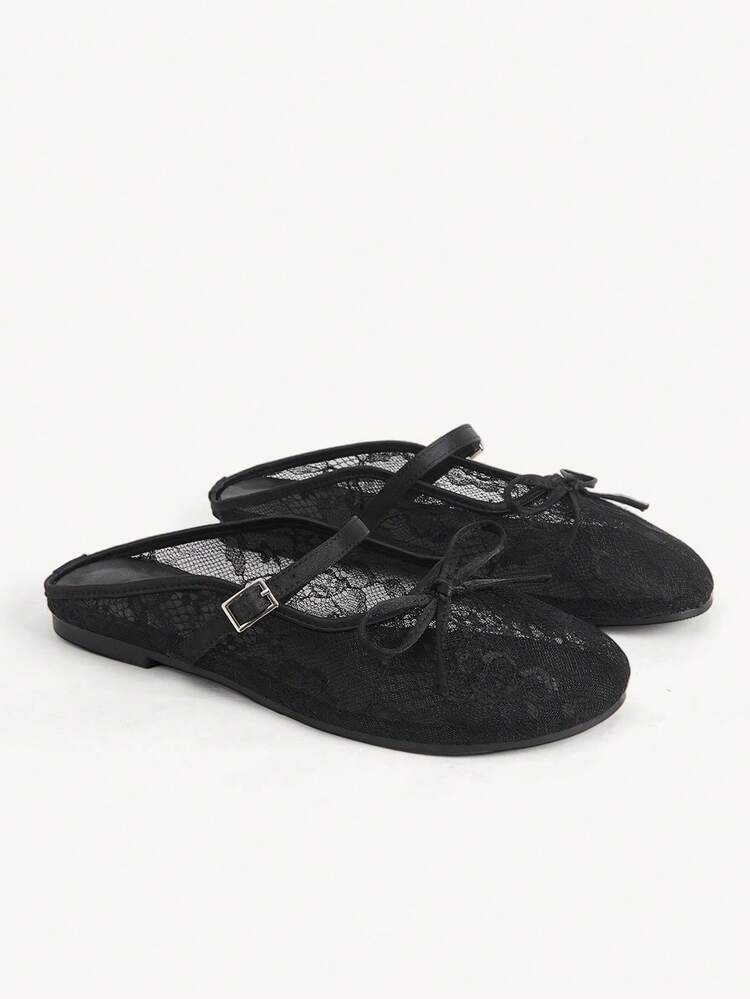 CUCCOO CHICEST Gentle Wind Lace Mary Jane Half Drag Women's Head Bow Flat Shoes Commuter Dating Outside Shoes
