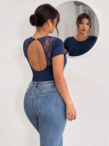 SHEIN BASICS Plus Size Solid Color Lace Patchwork Hollow Out Bodysuit Gym Brown Summer - Navy Blue - View 5