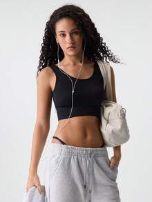 Loungeista Áo tank top crop đen trơn thường ngày có sẵn áo ngực, độ co giãn vừa, thiết kế hở lưng cho nữ, cho mùa hè - màu đen - Xem 9