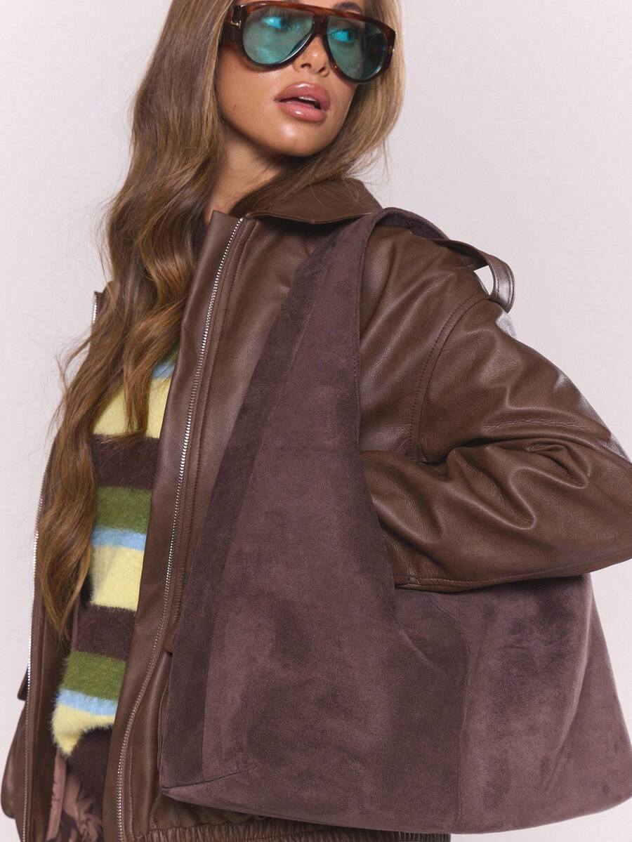 MUSERA Faux Suede Slouchy Shoulder Bag - Coffee - View 1