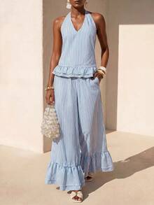 Zivah New Summer Casual Coastal Commuting Loose-Fitting Blue And White Striped V-Neck Halter Neck Tie Ruffled Tank Top + Wide-Leg Pant Two Pieces Set Beach - Blue and White - View 4