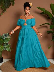 Maweii Plus Size Women's Cut Out Sexy Off-Shoulder Vacation Dress - Blue - View 5