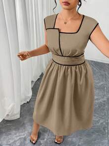 Elenzga Plus Size Women's Elegant Color Block Pleated Waist Dress, Back Cinched Design, Suitable For Daily Commute - Khaki - View 7