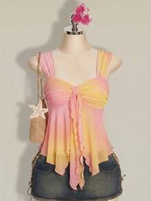 SHEIN ICON Women's Asymmetrical Ombre Mesh Ruffle Hem Camisole - Pink - View 3