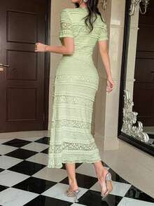 DAZY Vestido elegante de encaje de unicolor de longitud media para mujer, vestido de verano primavera/verano - Verde - Ver 2