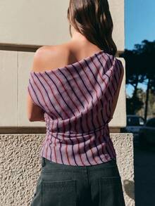 Nöista Diagonal Lilac Stripe One-Shoulder Top. Summer, Fall, Going Out, Resort, Party Style. - Multicolor - View 2