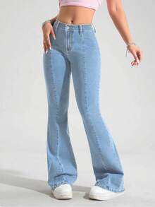 Jeanoix Jeans de mezclilla con estiramiento de talla grande para mujeres, estilo europeo y americano, nueva llegada, estilo vintage de cintura alta y pierna acampanada, sexy conjunto vaquero ajustado para mujeres - Lavado ligero - Ver 5