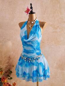 Bellisia Đầm nữ thời trang xuân/hè mới quyến rũ họa tiết in - Thiết kế cổ đổ - Thiết kế nhún eo - Thiết kế bèo nhún - Đi chơi - Đi biển - Màu xanh lam - Xem 5