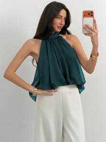 Aloruh Women's Summer Elegant Solid Color Pleated Halter Neck Top - Teal Blue - View 5