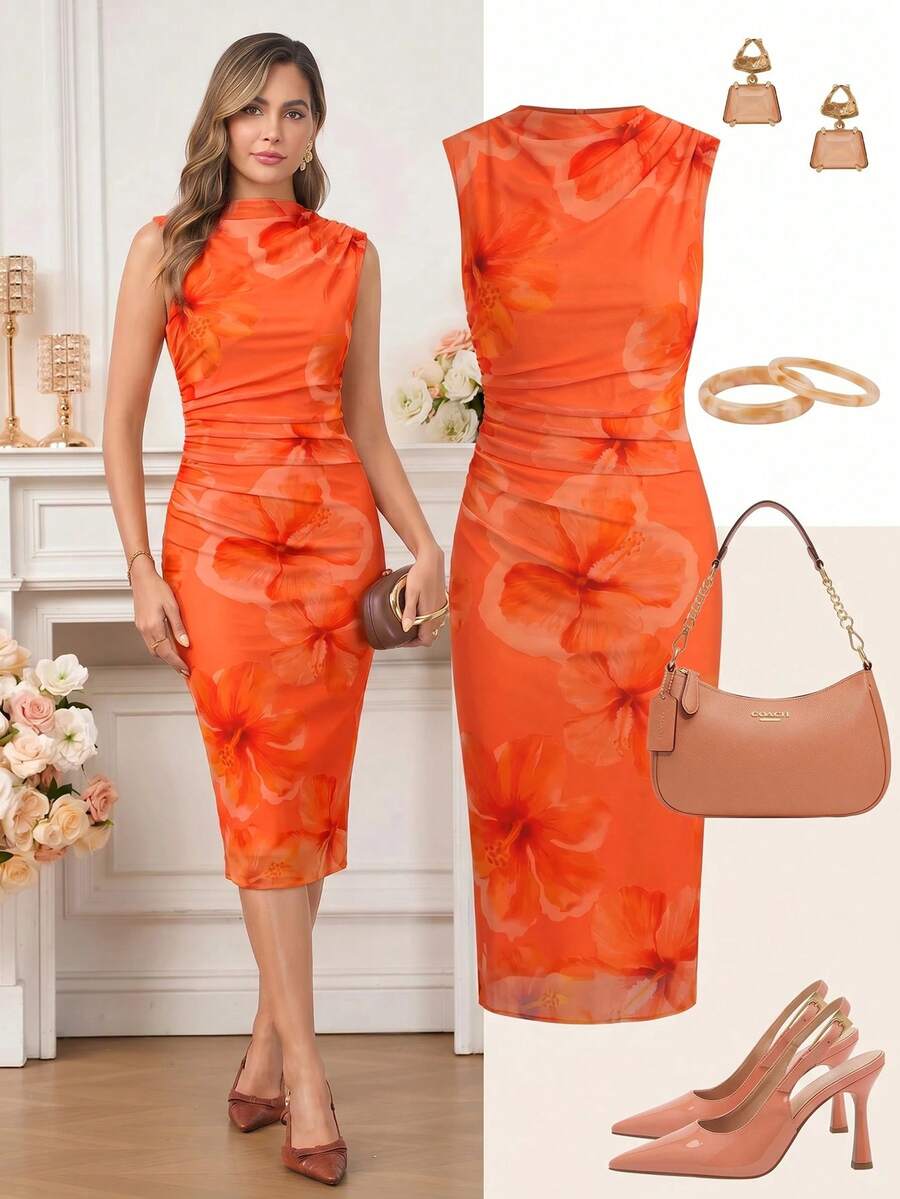 Ellevyn Women's Floral Print Pleated Elegant Waist-Defining Party Dress - Burnt Orange - View 1