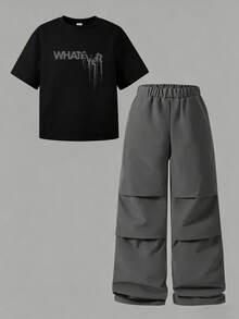 SHEIN Setelan Kaos Lengan Pendek Leher Bulat Motif Sederhana untuk Anak Laki-laki (Ukuran Besar) dan Celana Panjang Warna Polos - MultiWarna - View 3