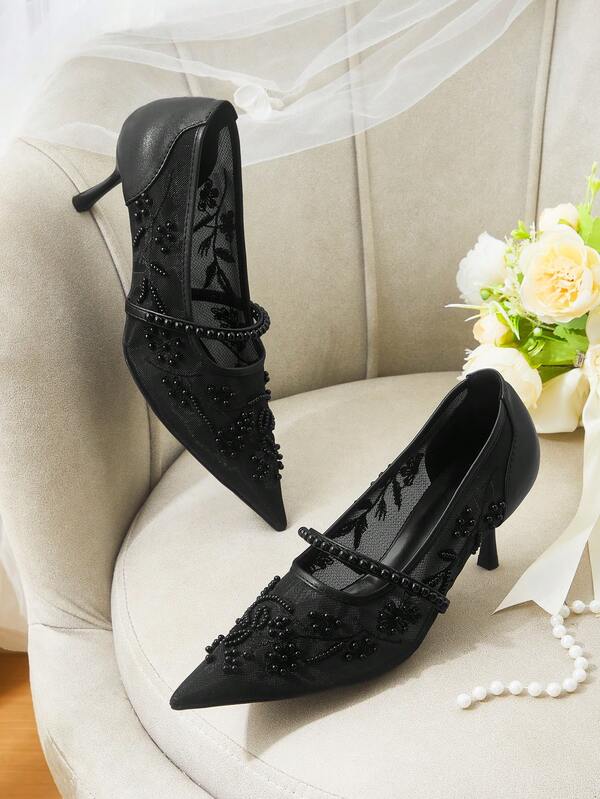 CUCCOO HITCHD Women Shoes Spring And Summer Breathable Mesh Embroidery Pearl Decoration Pointed Head Thin Heel Middle Heel Fairy Wind Light Mouth Solid Color Women's High Heel Single Shoes Banquet Dating Daily Wear Bridesmaid Shoes Wedding Shoes Dress Versatile French Niche Design Temperament