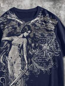 ROMWE MEN Goth Men's Angel Print Round Neck Loose Casual Short Sleeve T-Shirt - Royal Blue - View 4