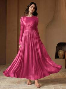 Anewsta Vestido de manga larga para mujer, elegante y versátil para ir al trabajo, primavera/otoño - Rosa Fucsia - Ver 4