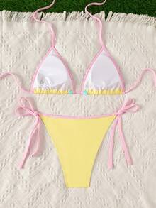Swim Mod Spring/Summer Women's Starfish Embroidery Contrast Color Halter Neck Tie Sexy Cute Bikini Two Pieces Swimwear Set Beach Pool Party Yellow - Yellow - View 2