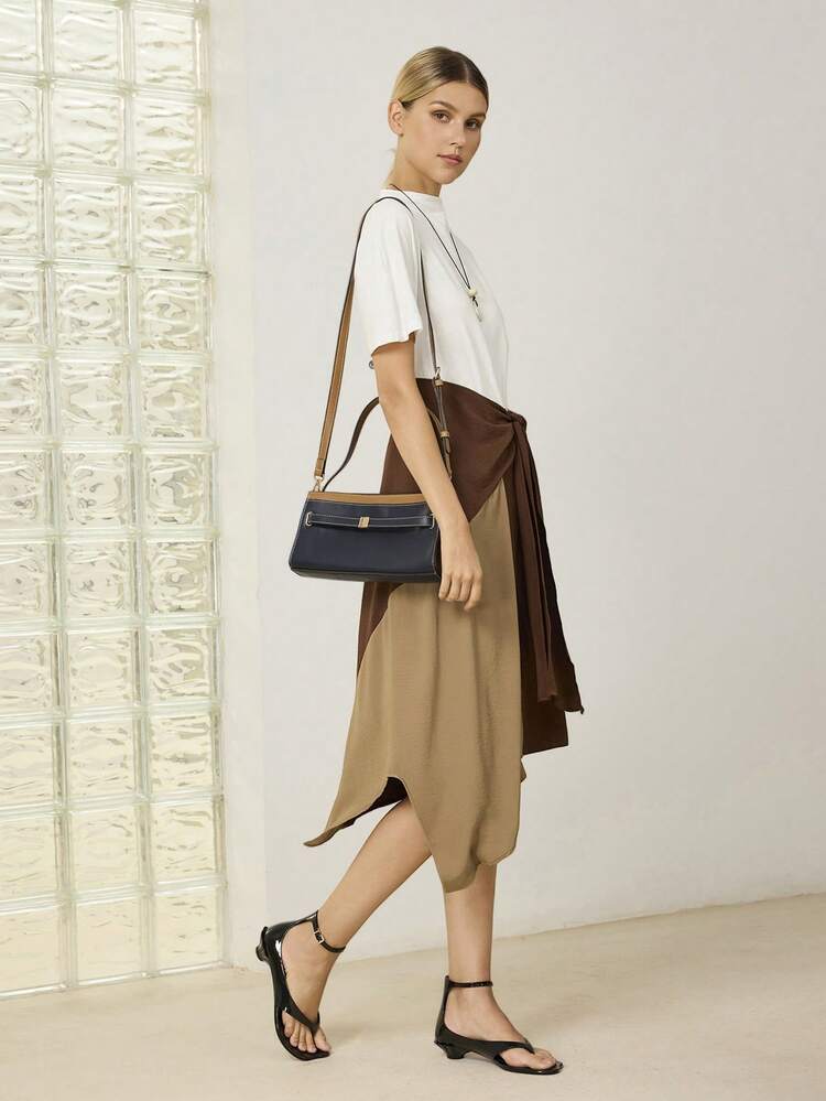 LADIES HANDBAG, EXQUISITE MINIMALIST CONTRASTING COLOR COMMUTER SHOULDER BAG