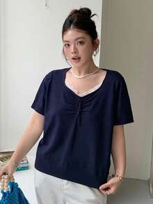 Dazy Plus Solid Color Polo Collar Fitted Short Sleeve Knit Top, Spring/Summer/Autumn - Navy Blue - View 4