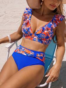 Swim Lushoire Women's Hot Pink Aqua Blue Floral Tropical Leaf Print Ruffle Bikini Set Boho Tropical High Waisted Two Pieces Bathing Suit Summer Beach Vacation - Multicolor - View 6