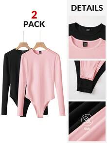 SHEIN BASICS 2件/組休閒素色針織圓領長袖女款連身衣 - 彩色 - 查看 3