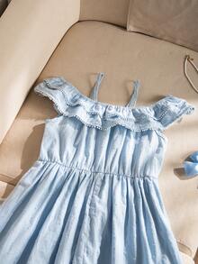 SHEIN Elladie kids 女童法式雙層荷葉邊露肩細肩帶A字洋裝，輕盈夏季休閒派對洋裝 - 藍色 - 查看 5