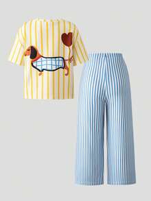 SHEIN 2件套女童针织条纹圆领休闲T恤和梭织条纹裤套装 - 彩色 - 查看 4