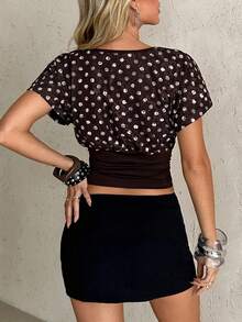 Privoire Camiseta ajustada elegante y esencial para el día a día, de unicolor con parches de encaje para mujer - Marrón - Ver 2