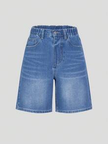 SHEIN 女童牛仔短褲，夏季新品系列，中藍色牛仔色，彈性腰帶，休閒寬鬆及膝經典藍色水洗牛仔百慕達短褲，適合學校、戶外、度假、日常穿著 - 中等水洗藍 - 查看 3