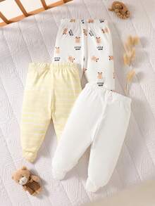 SHEIN Newborn Baby Casual Cute Cartoon Bear Striped Print Footie Pants - Yellow - View 3