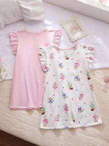 Genkimix Kids 2件組少女短袖荷葉邊飾休閒睡裙與居家服套裝，春夏季 - 淺粉色 - 查看 3