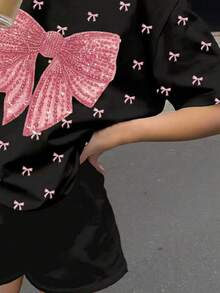 少女可爱芭蕾舞风格蝴蝶结印花圆领短袖T恤和宽松短裤两件套，适合春夏穿着 - 白色 - 查看 2