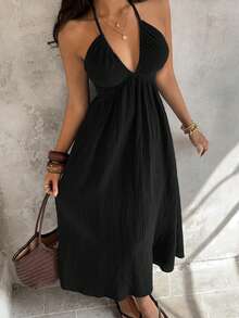 Sunnyshic Women's Deep V-Neck Backless Sexy Halter Denim Dress - Black - View 5
