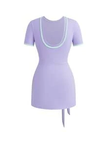 SHEIN Cheerettes فستان رياضي للنساء بتصميم عقدة وياقة مستديرة وأكمام قصيرة بلون متباين - ارجواني فاتح - مشاهدة 3