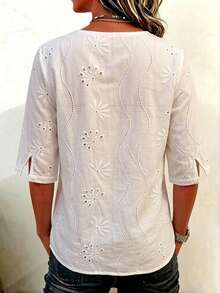 SHEIN Holidaya Women's Hollow Embroidered Tie Decor Blouse White Floral Summer Bohemian Cottagecore Boho Vacation - White - View 2