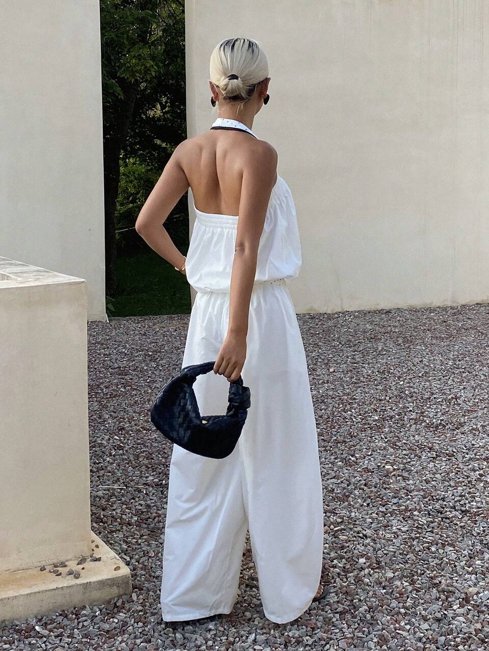 2pcs/Set Women's White Halter Top And Wide Leg Pants Casual Tropical Vacation Summer Outfit Beach