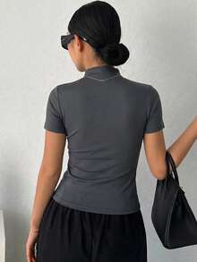 DAZY Women's Solid Color High Neck Ruched Fitted Casual Short Sleeve T-Shirt - Grey - View 5