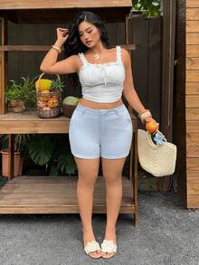 Sunnyshic Plus Size Women Casual Versatile Denim Shorts With Pockets - Blue - View 3