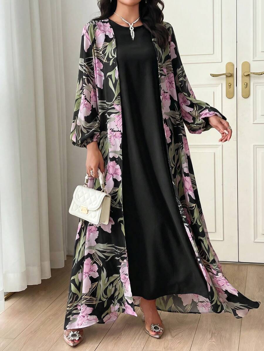 Al Najma 2件組女款春夏花卉印花燈籠袖開襟衫與純色圓領洋裝優雅套裝 - 黑色 - 查看 1