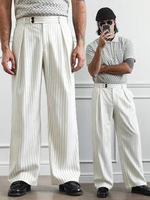 HUEFORM Quần ống rộng nam kẻ sọc rủ dáng suông hai nút, quần tây casual dáng rộng thoải mái đi làm, xuân & thu - trắng - Xem 1