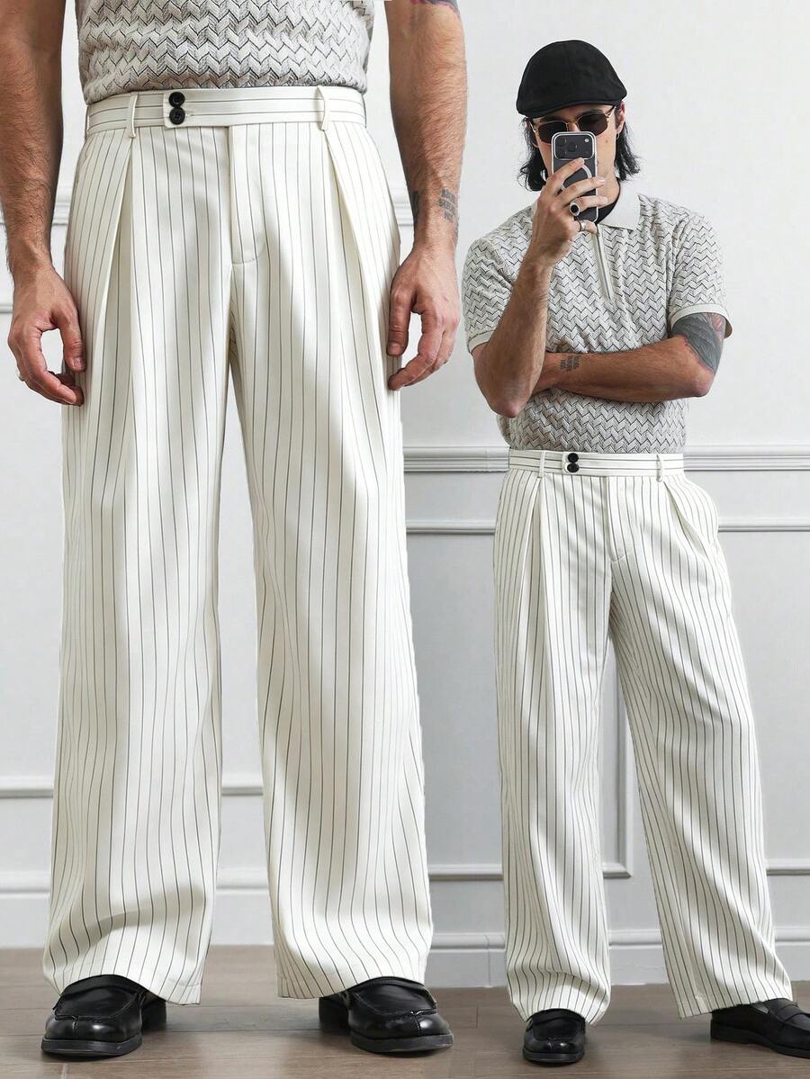 HUEFORM Quần ống rộng nam kẻ sọc rủ dáng suông hai nút, quần tây casual dáng rộng thoải mái đi làm, xuân & thu - trắng - Xem 1