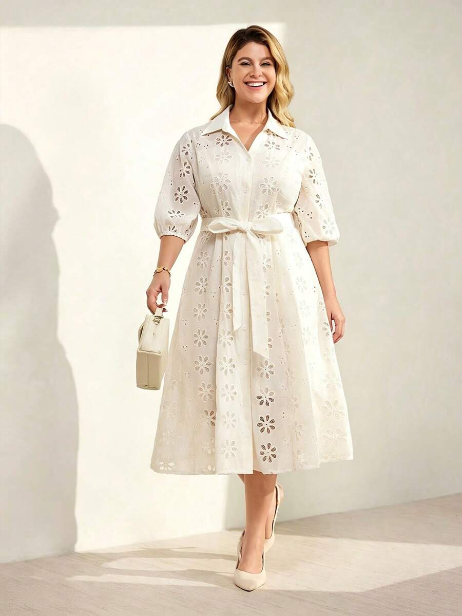Momelise Plus Size Women's Elegant Solid Color V-Neck Hollow Embroidered Lantern Sleeve, Cardigan With Button Closure And Waist Belt Long Dress Fall - Apricot - View 1