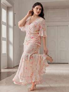 Anewsta Vestido largo elegante de mujer de talla grande con cintura ajustada, de chifón con estampado floral romántico de jacquard, para vacaciones de primavera/verano - Multicolor - Ver 5